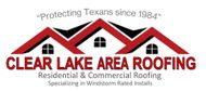 Logo for Clear Lake Area Roofing featuring a red roof icon, the company name, and the text "Protecting Texans since 1984."