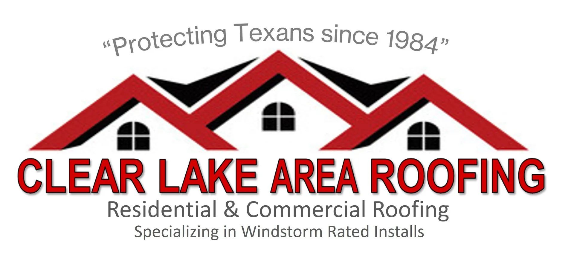 Logo for Clear Lake Area Roofing featuring a red roof icon, the company name, and the text "Protecting Texans since 1984."