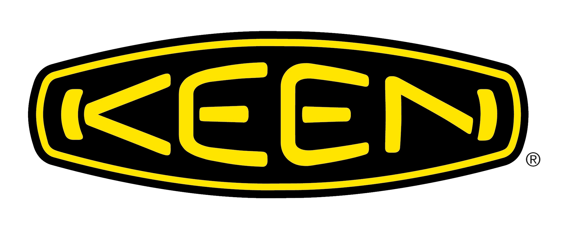 Keen footwear logo: yellow text on a black, oval background.