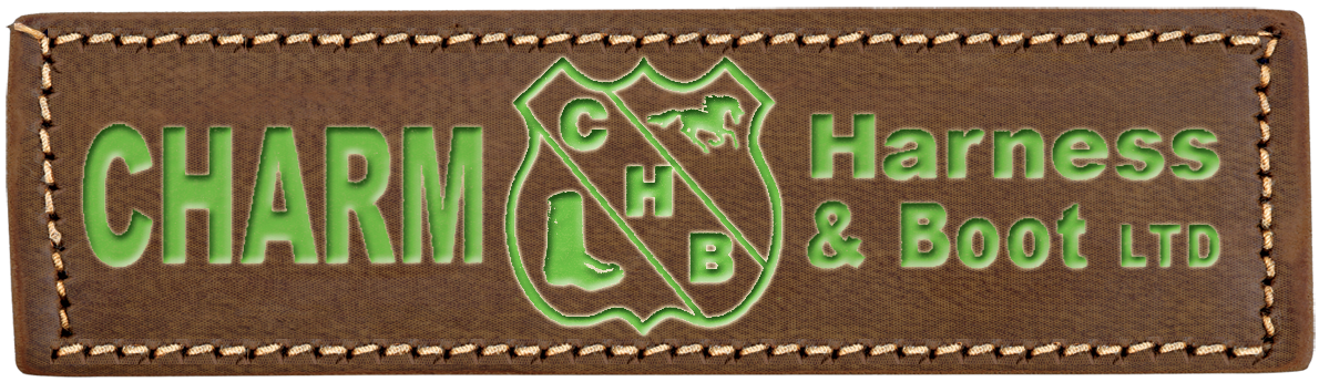 Brown leather tag with green lettering: 