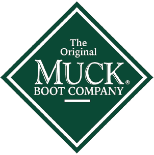 Logo of Muck Boot Company, featuring white text on a green diamond, 