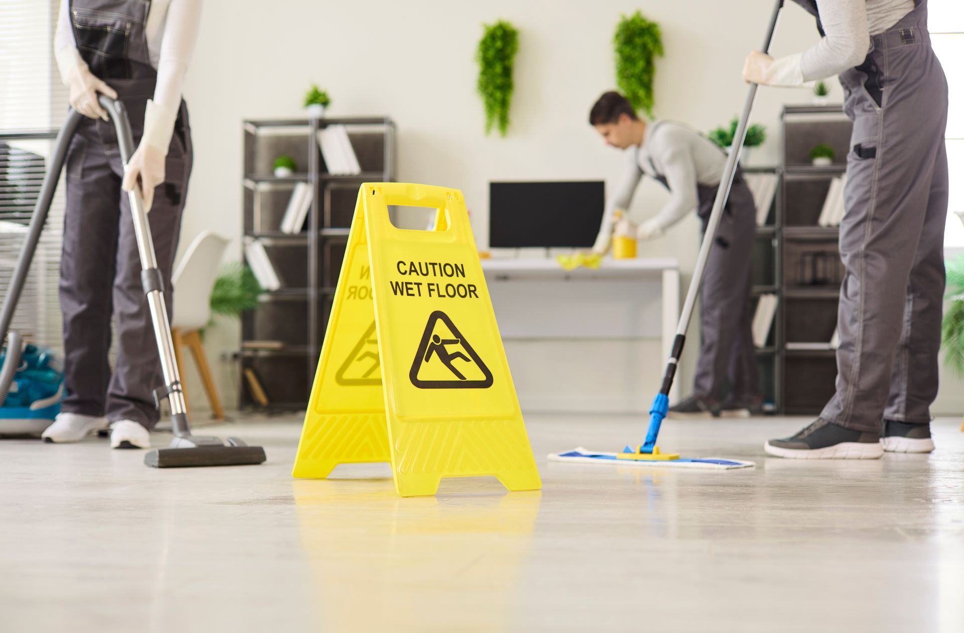 A crew of people is cleaning an office.