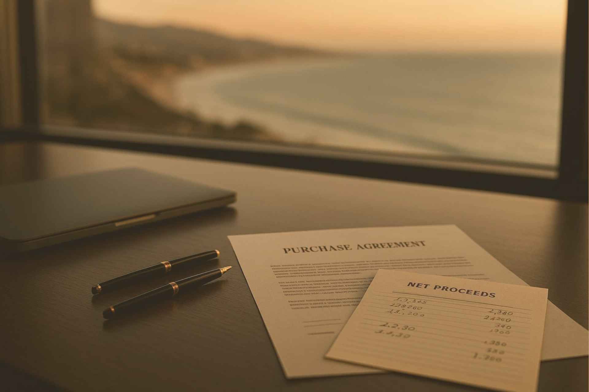Notepad and pen on a desk by a window overlooking a sunset coast