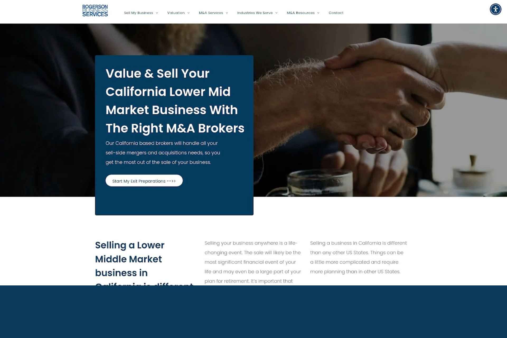 Website hero section for Rogerson Business Services M&A brokers, featuring a handshake over a business desk and a call-to-action button.