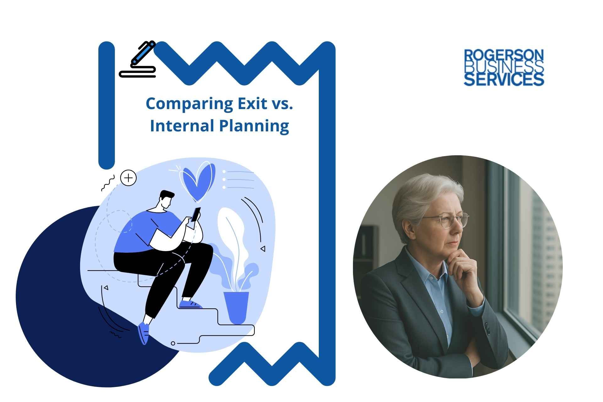 Presentation comparing exit vs. internal planning. Includes a person near a window and a man on a staircase using a phone.