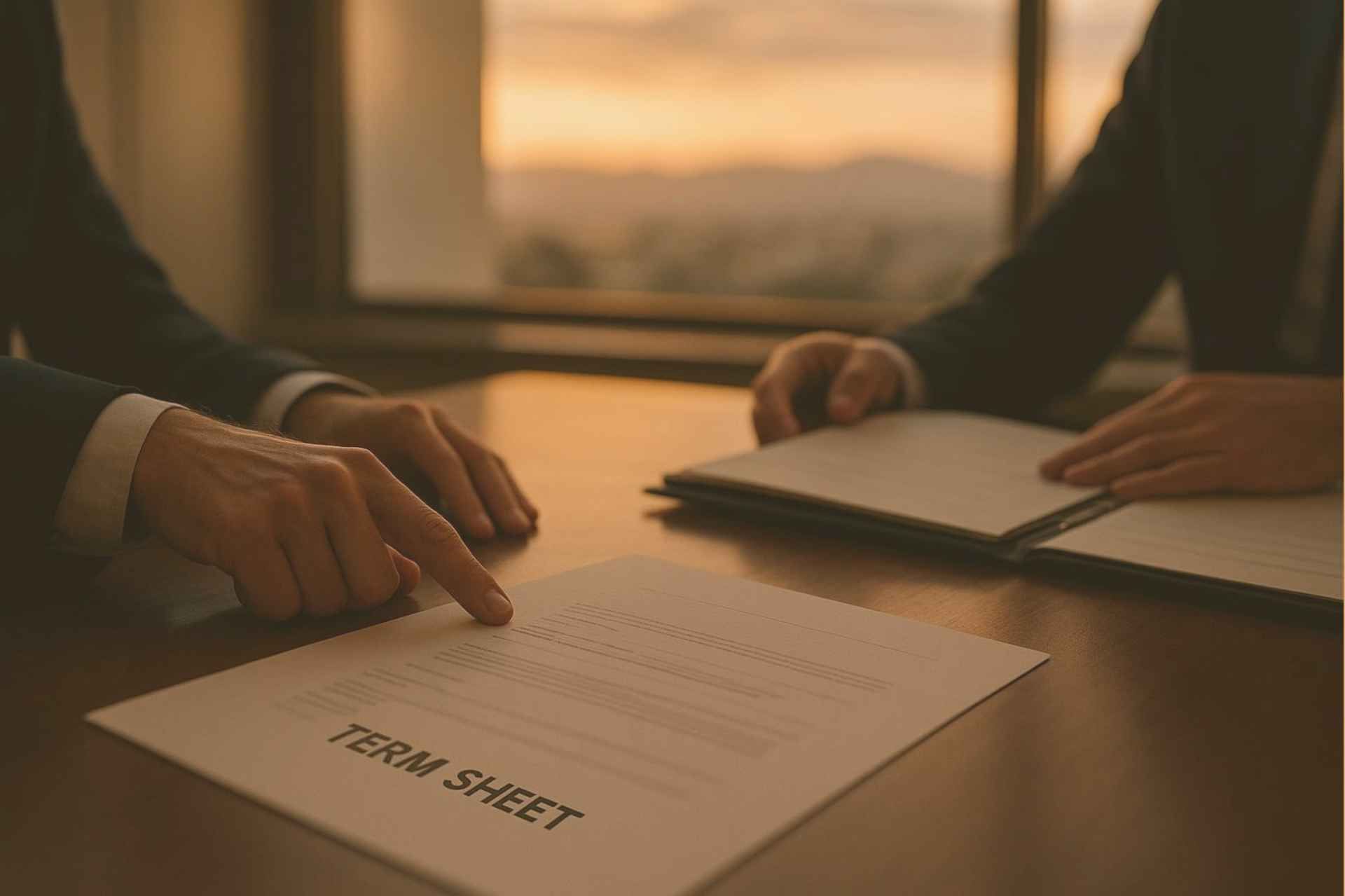 Hands reviewing a document at a conference table near a sunlit window