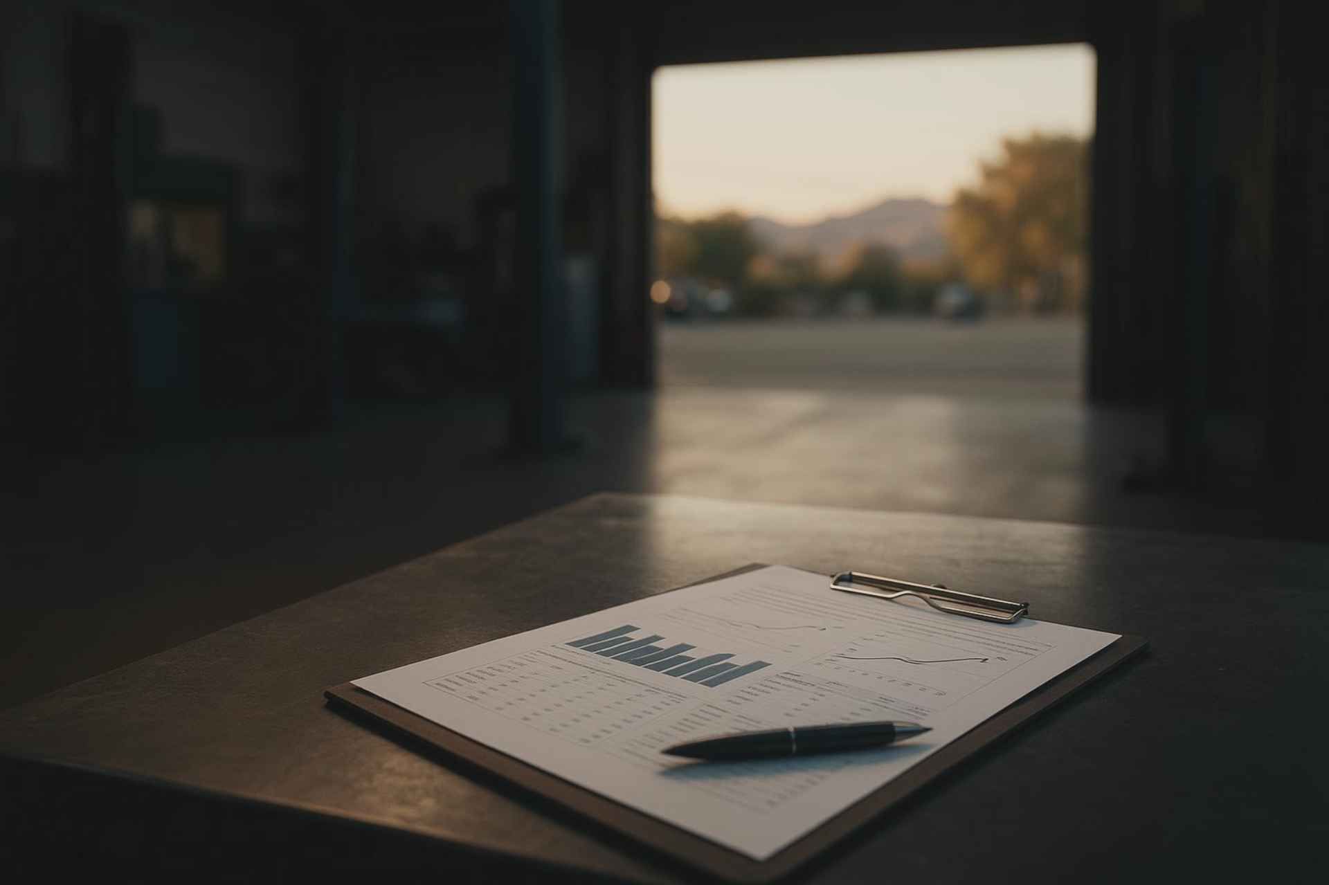 Clipboard with a pen on a table in a dim room, looking out toward a bright doorway at sunset