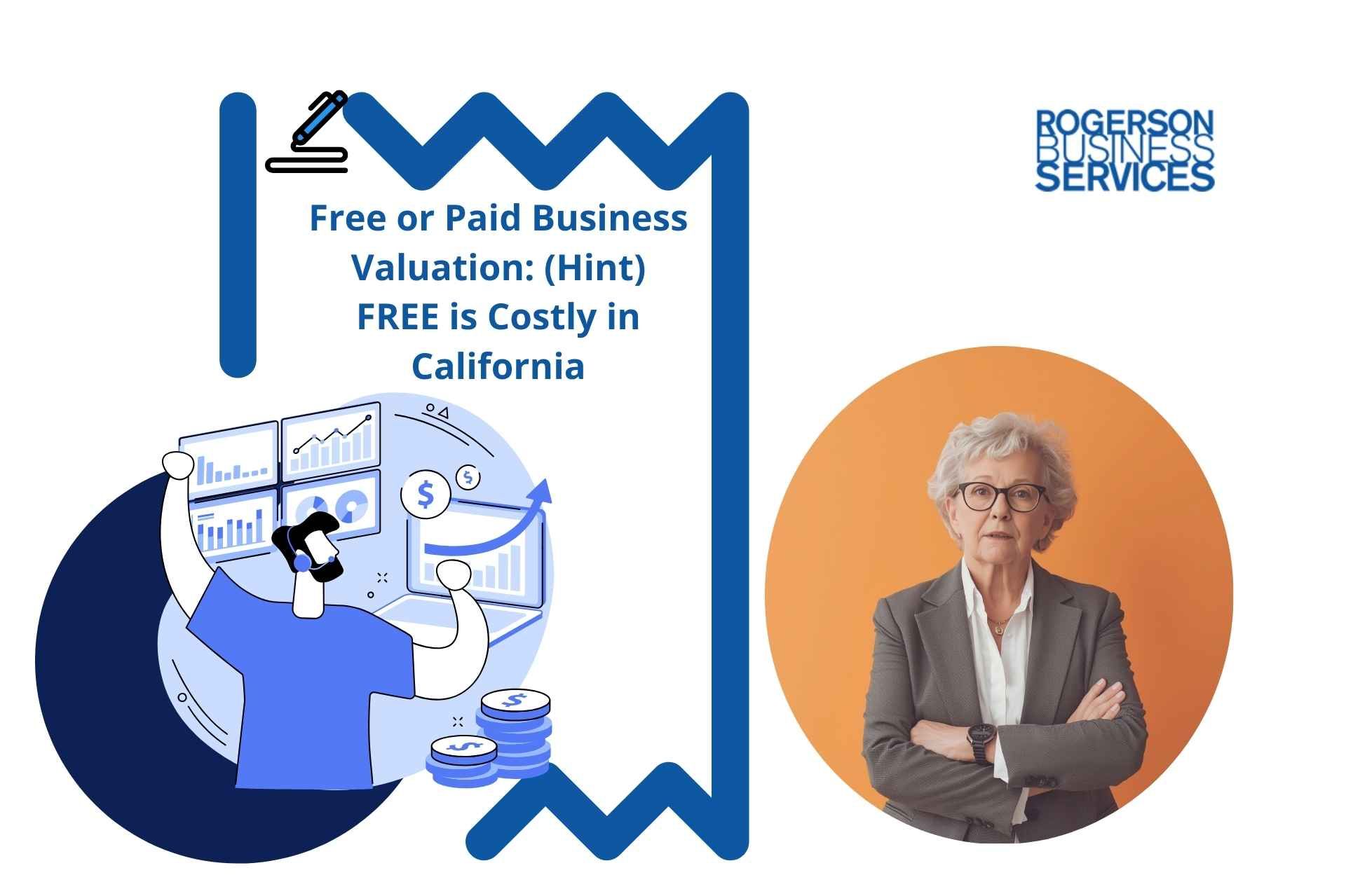 Advertisement: Business valuation services. Illustration with a person, charts, and a woman. Text:
