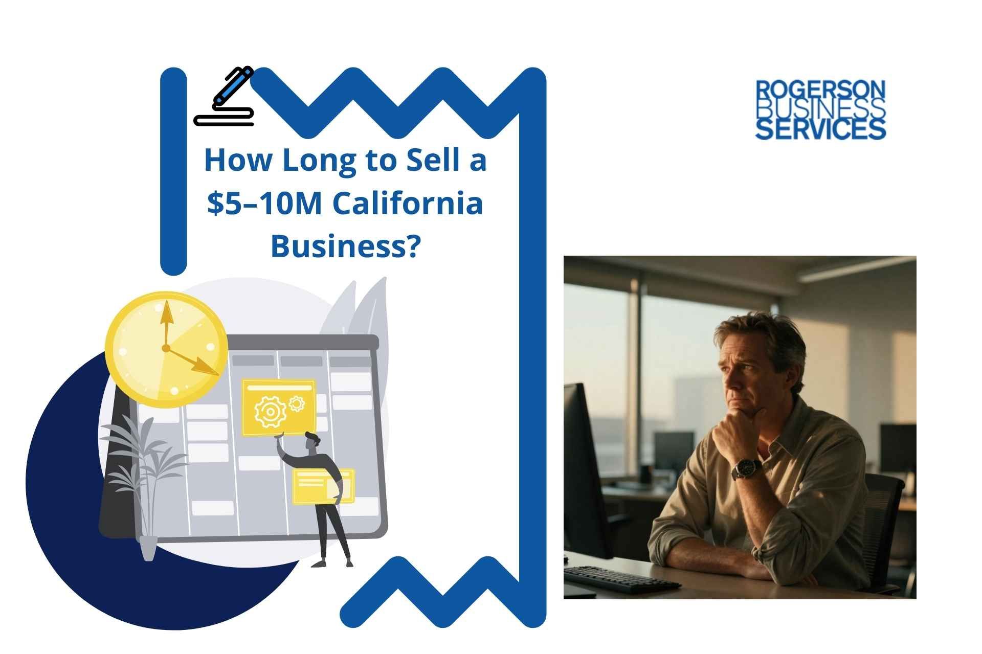 Webinar graphic: “How Long to Sell a $5–10M California Business?” with a man at a desk and Rogerson Business Services logo