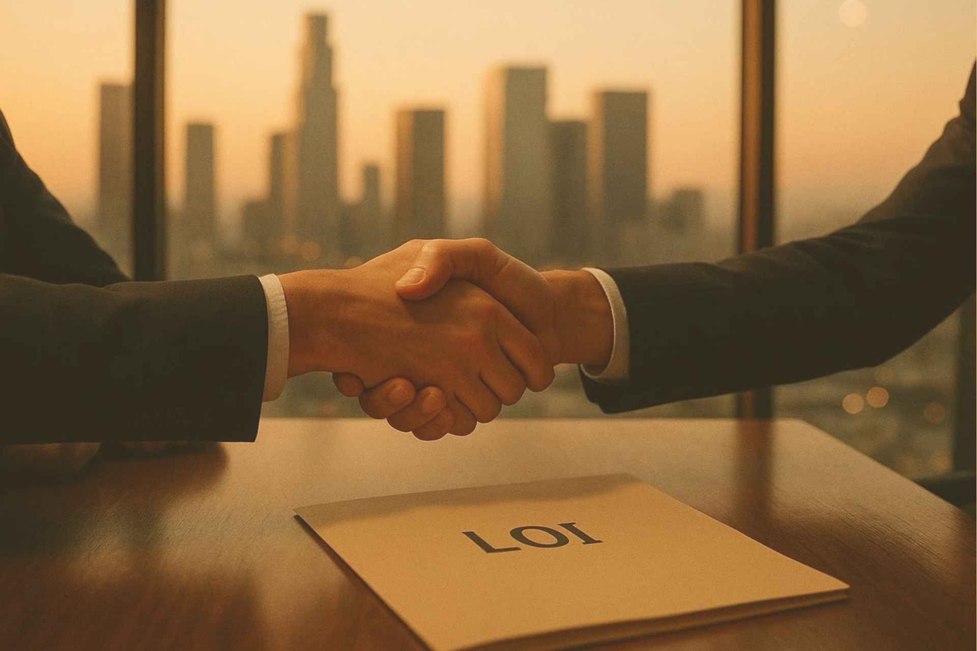 Handshake over a folder labeled “LOI” with a city skyline in the background.