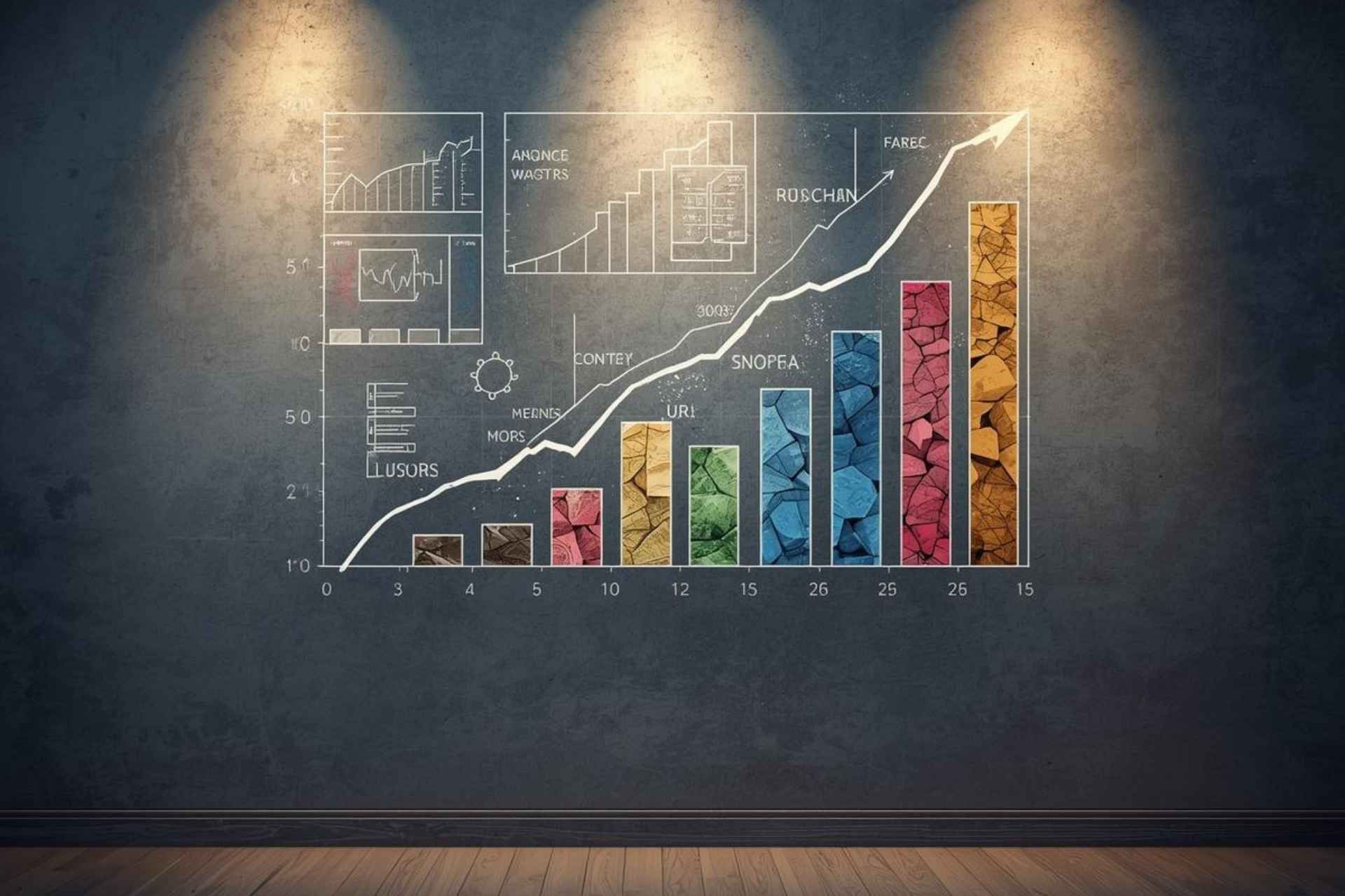 Graph on a dark wall, lit by spotlights. A rising line graph with colorful bar charts, depicting growth and data analysis.