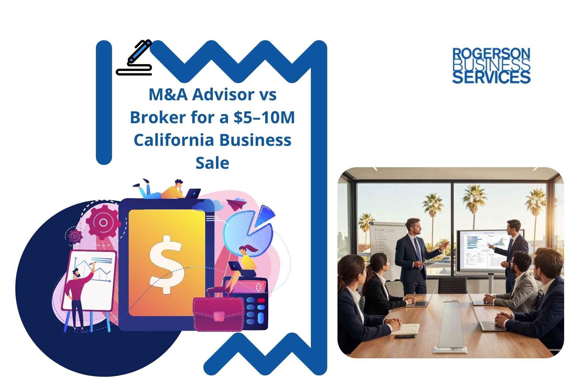 Marketing flyer for M&A advisor with a business meeting photo and colorful financial icons