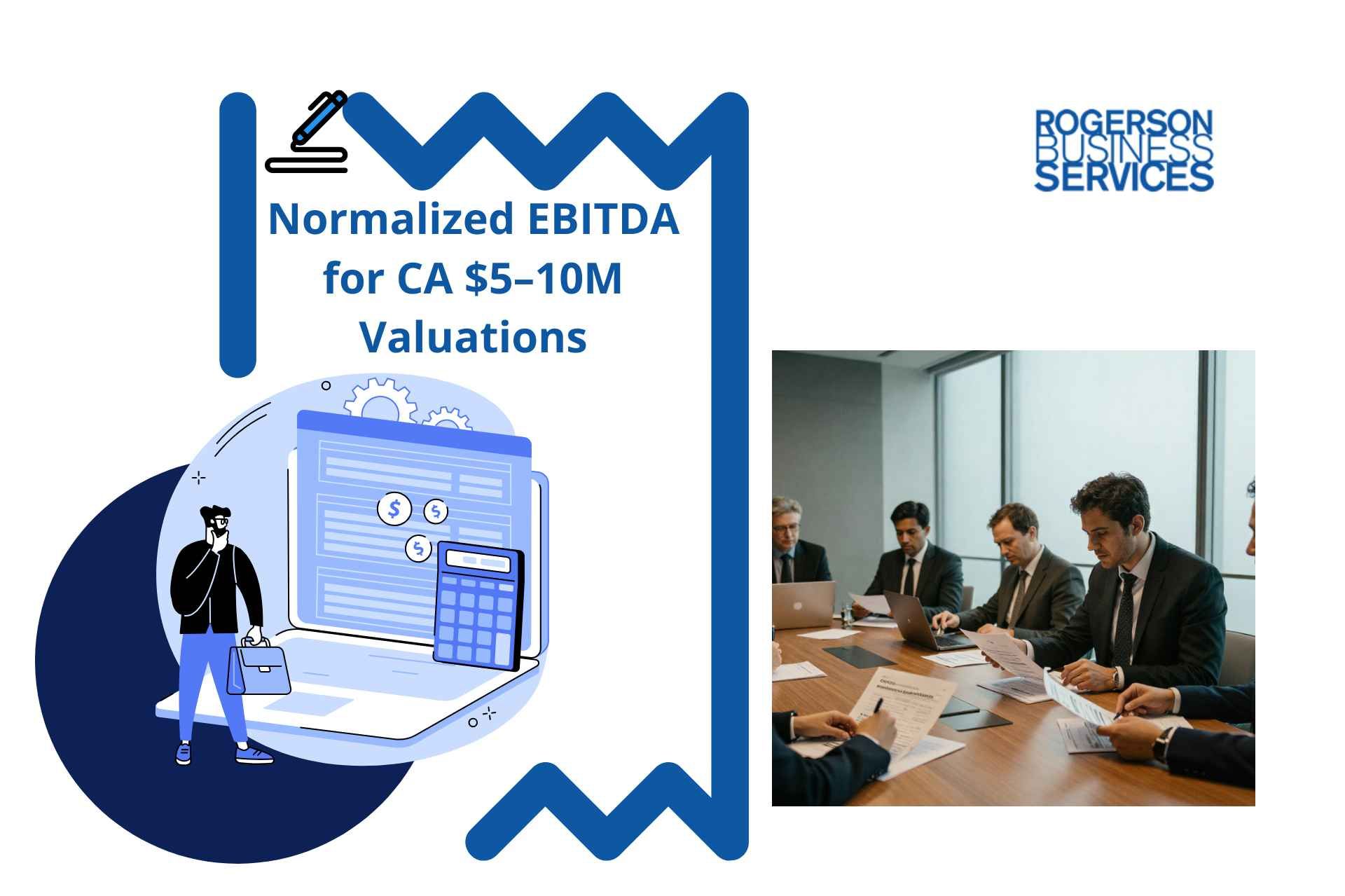 Blue infographic with laptop and chart: “Normalized EBITDA for CA $5-10M Valuations,” beside a business meeting photo