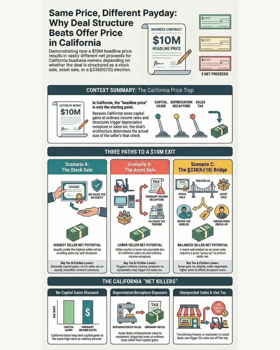 Infographic: Compares deal structures. $10M contract, cash and graphics illustrate different payment methods.