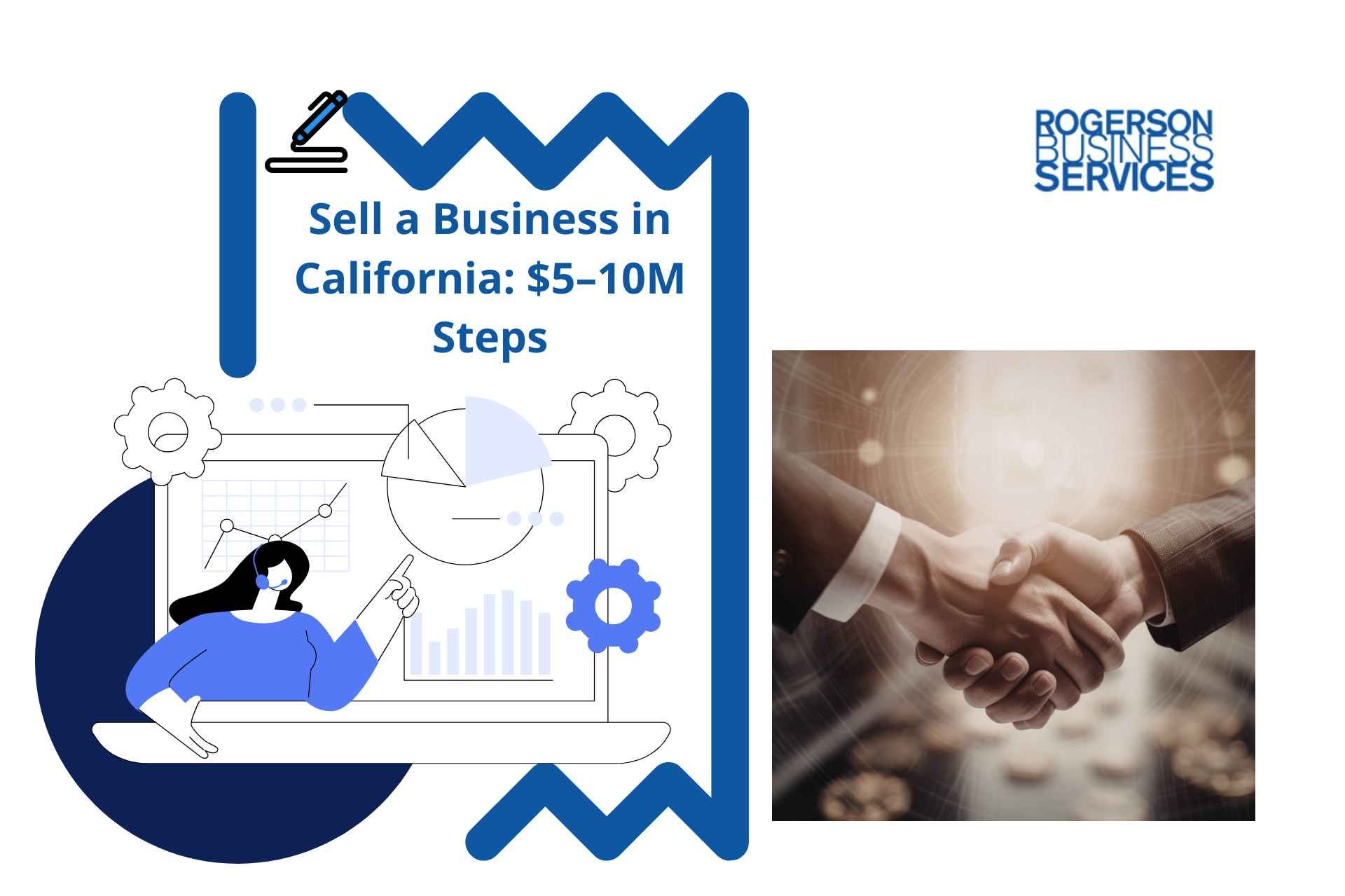 Sell a business in California: $5–10M steps, with handshake photo and blue graphic icons