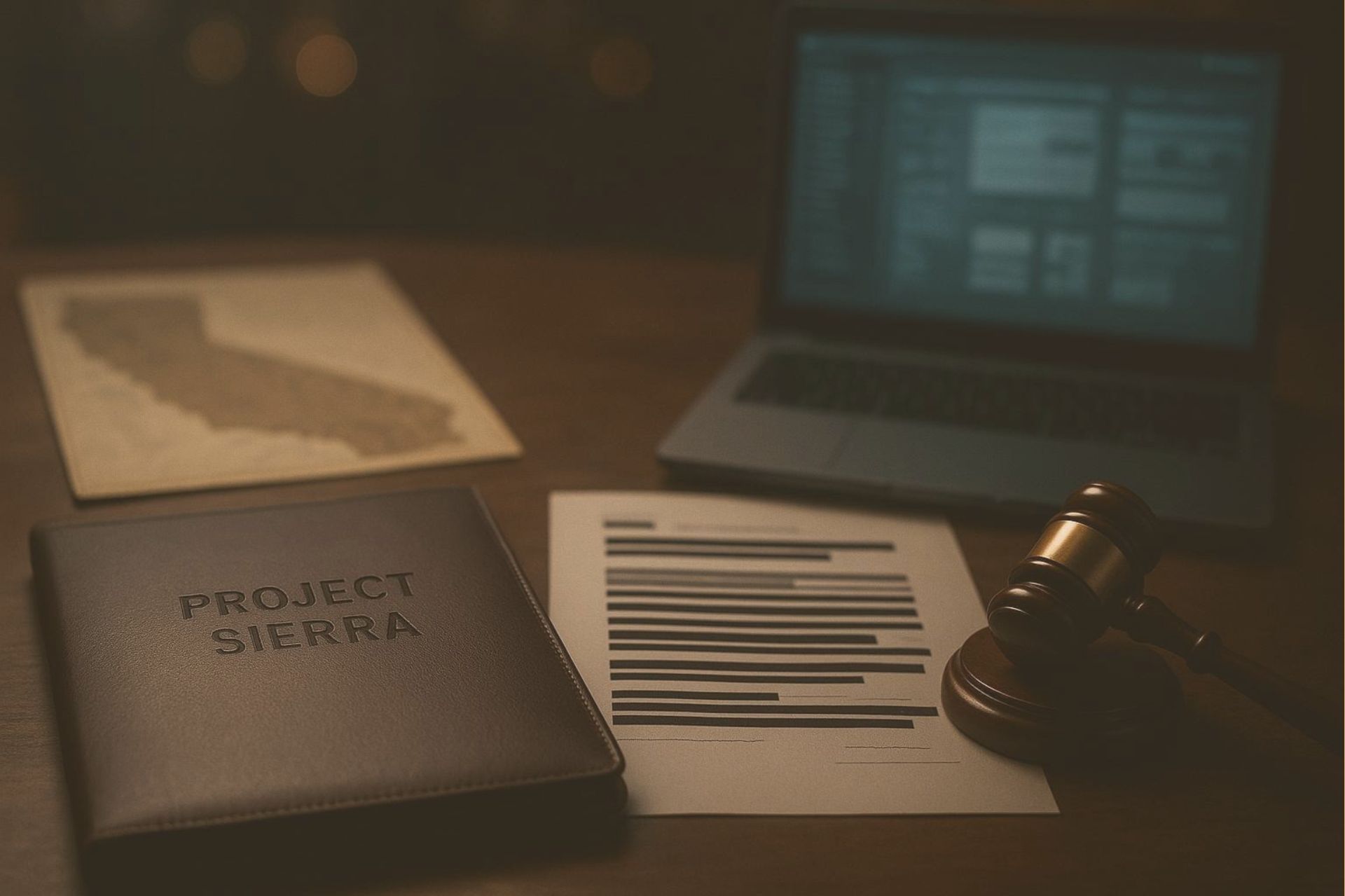 Dim desk with a “Project Sigma” folder, papers, a laptop, and a judge’s gavel at right