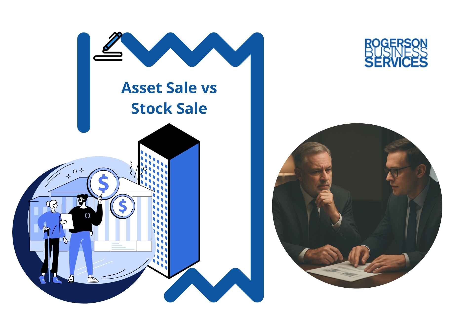 Asset Sale vs. Stock Sale graphic. Two men in suits discuss papers, and an illustration showing assets and a building.