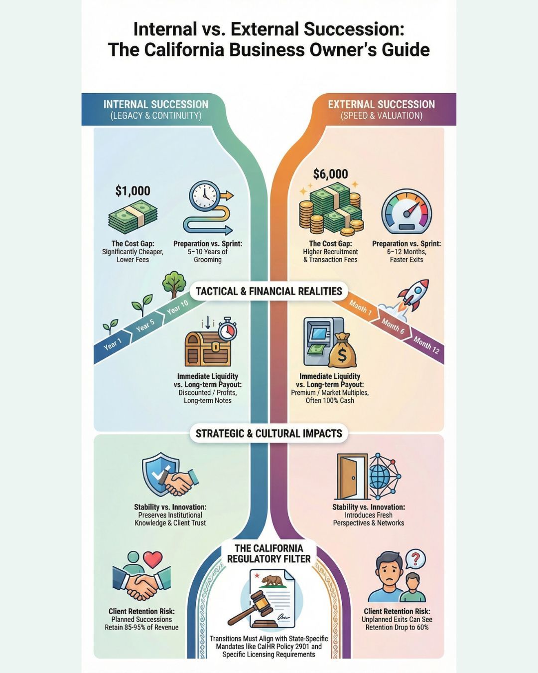 Infographic comparing internal vs. external business succession strategies, with money, clock, and growth icons.