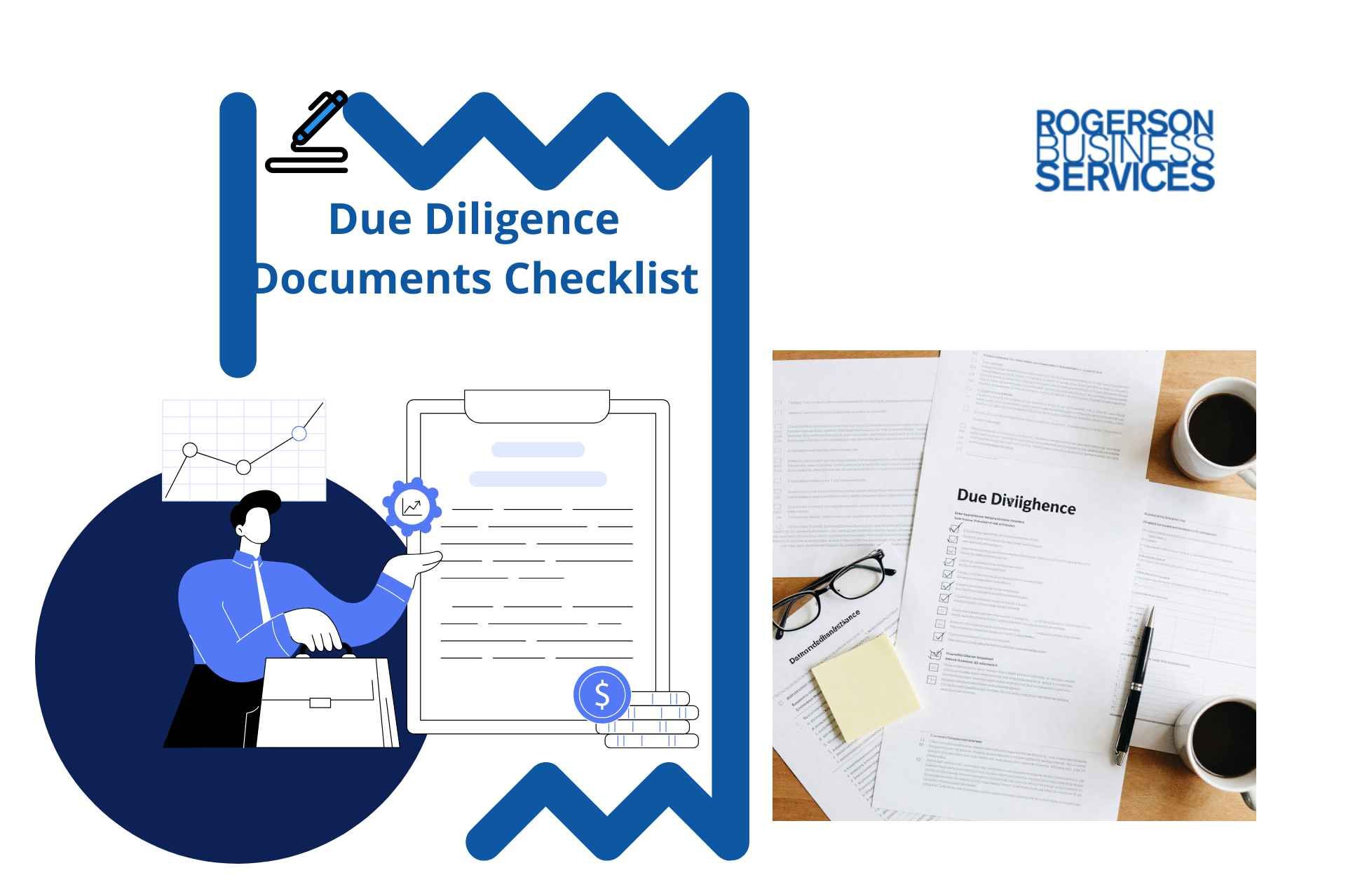 Due Diligence Documents Checklist graphic with blue icons and checklist papers on a desk