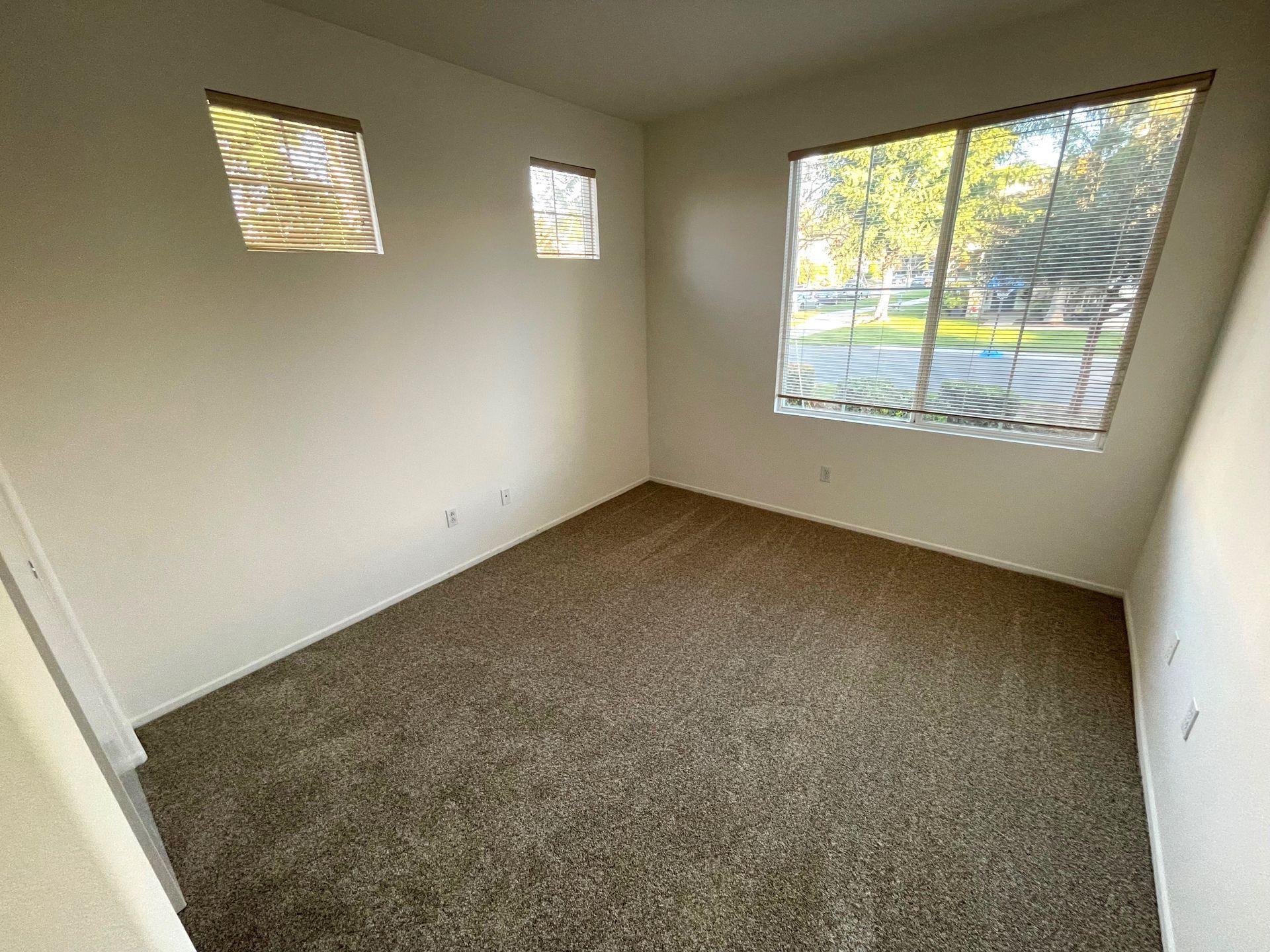 An empty bedroom with a carpeted floor and two windows.