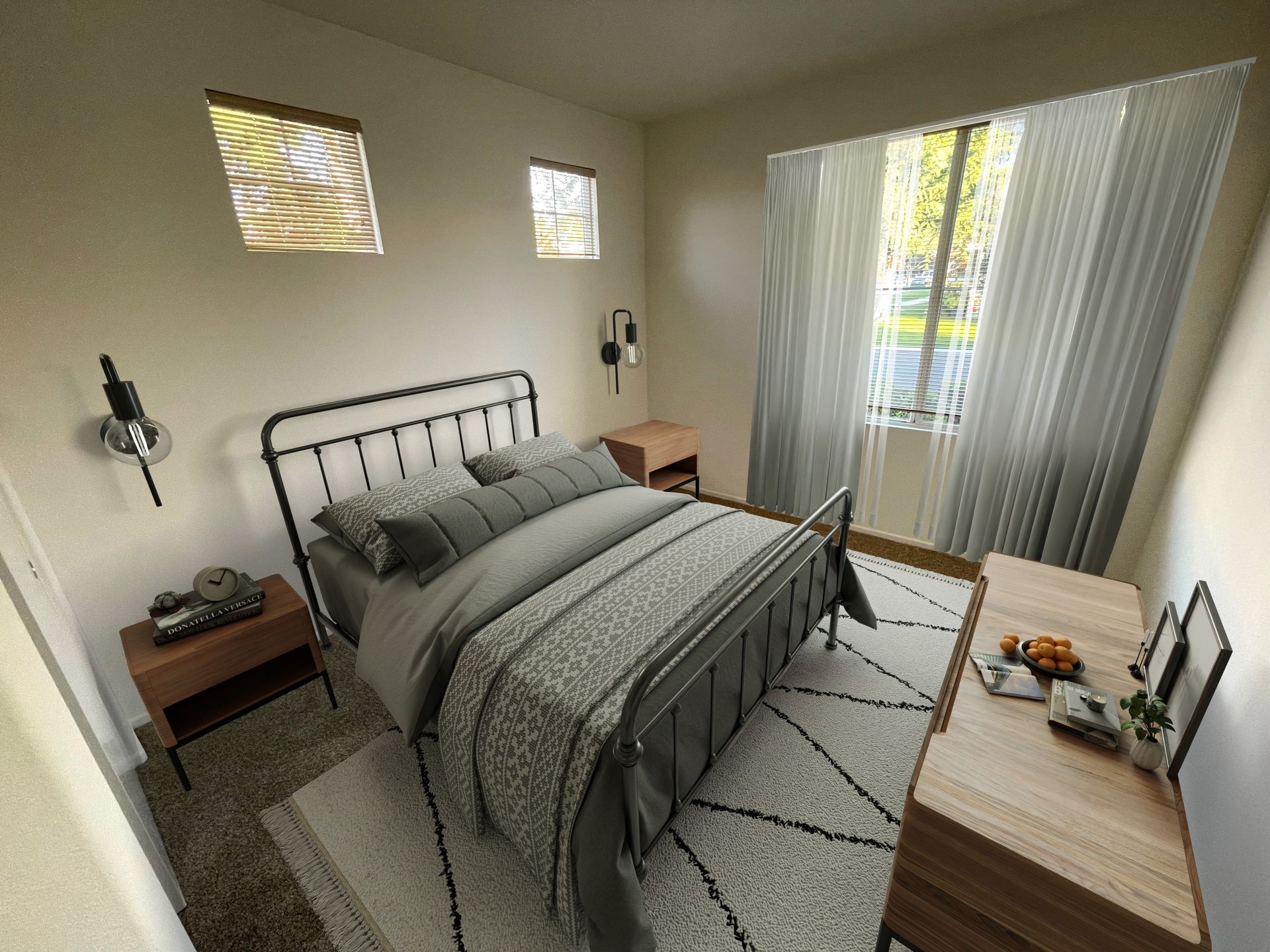 A bedroom with a bed , nightstand , dresser and window.