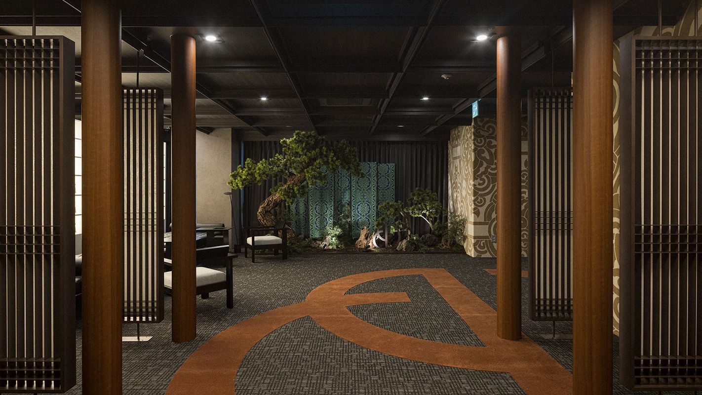DayBeau Clinic Myeongdong lounge with wooden pillars