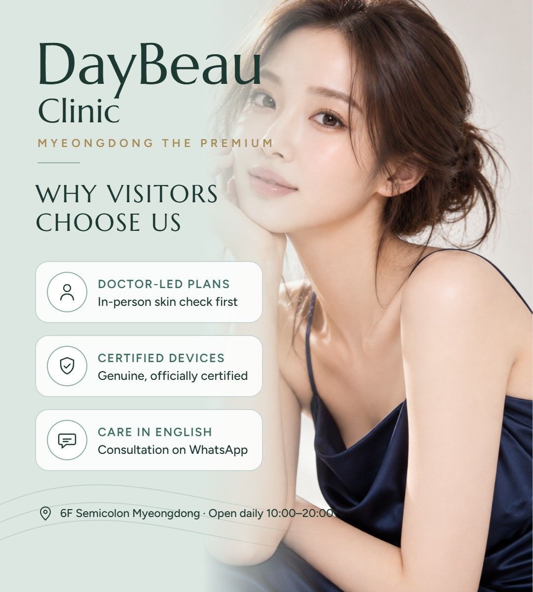 Why visitors choose DayBeau Clinic Myeongdong The Premium: doctor-led plans after an in-person skin check, genuine certified devices, and care in English. 6F Semicolon Myeongdong, open daily 10:00 to 20:00