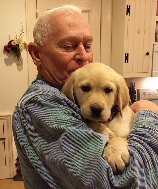 Older man holding a cream-colored puppy indoors, both looking calm and affectionate.