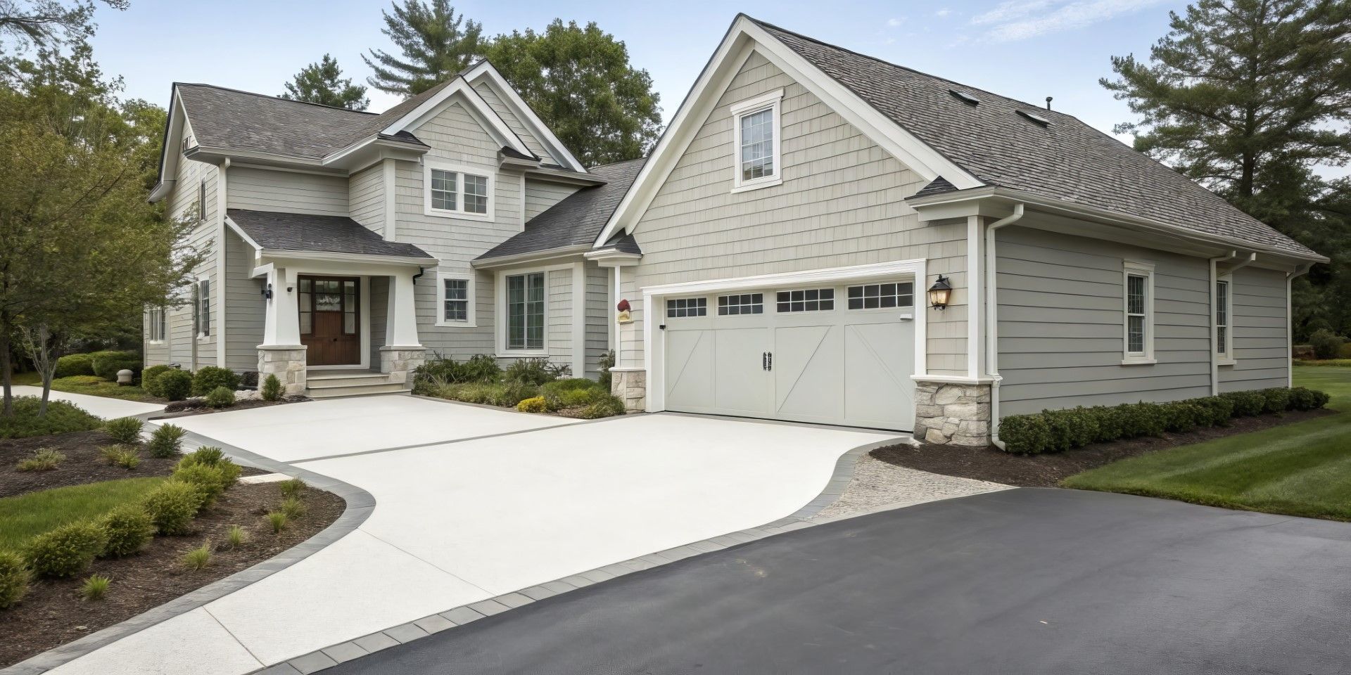 Suburban house with gray siding, white trim, and a wide curved driveway