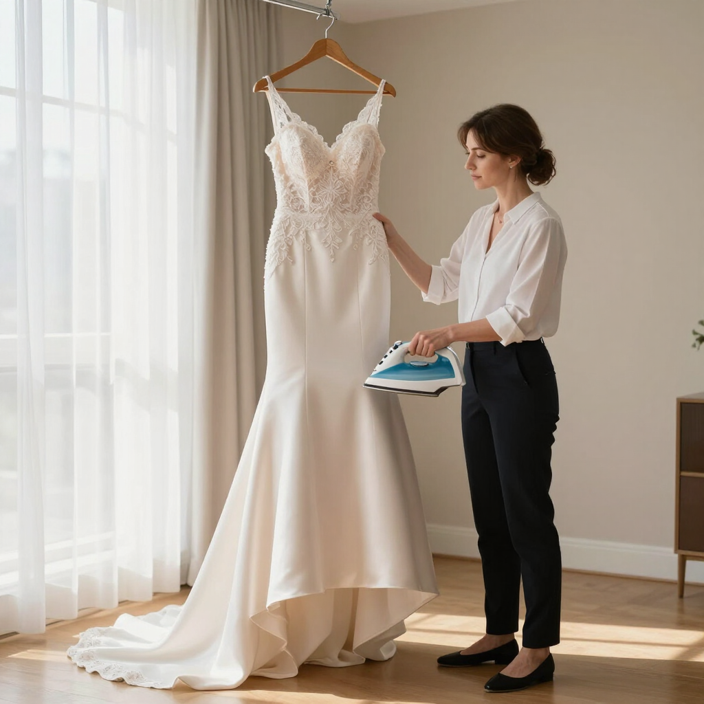 Ivoorkleurige trouwjurk aan een hanger bij het raam