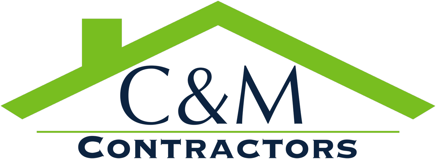 C&M Contractors logo with green roofline and navy text on white background