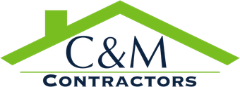 C&M Contractors logo with green roofline and navy text on white background