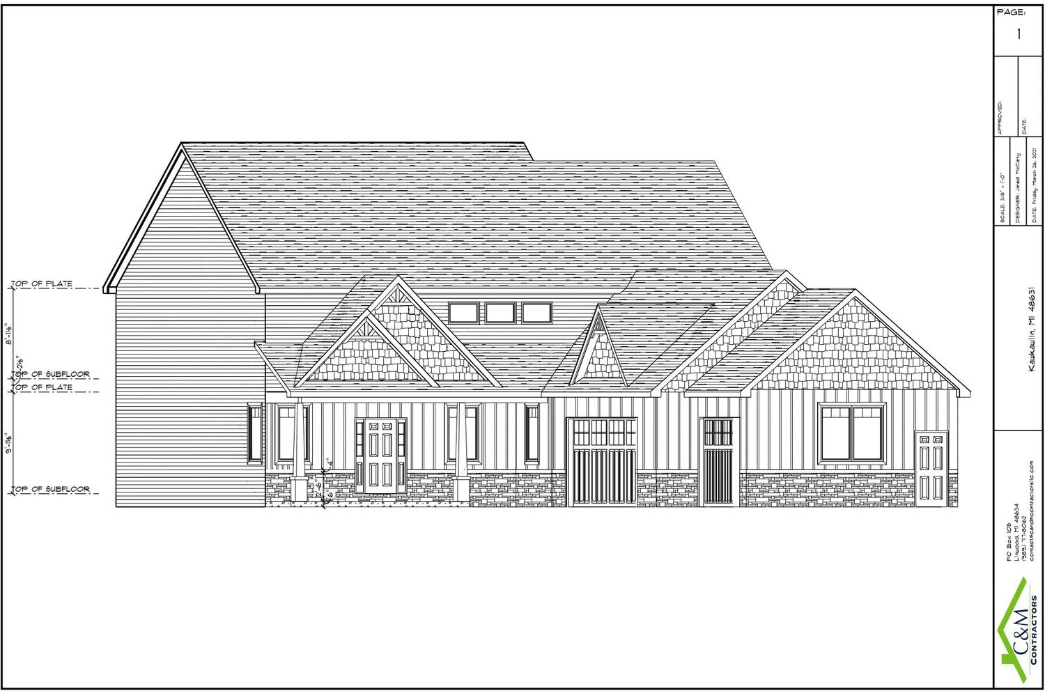 Architectural elevation drawing of a house with gabled roofs, porch, siding, and stone accents