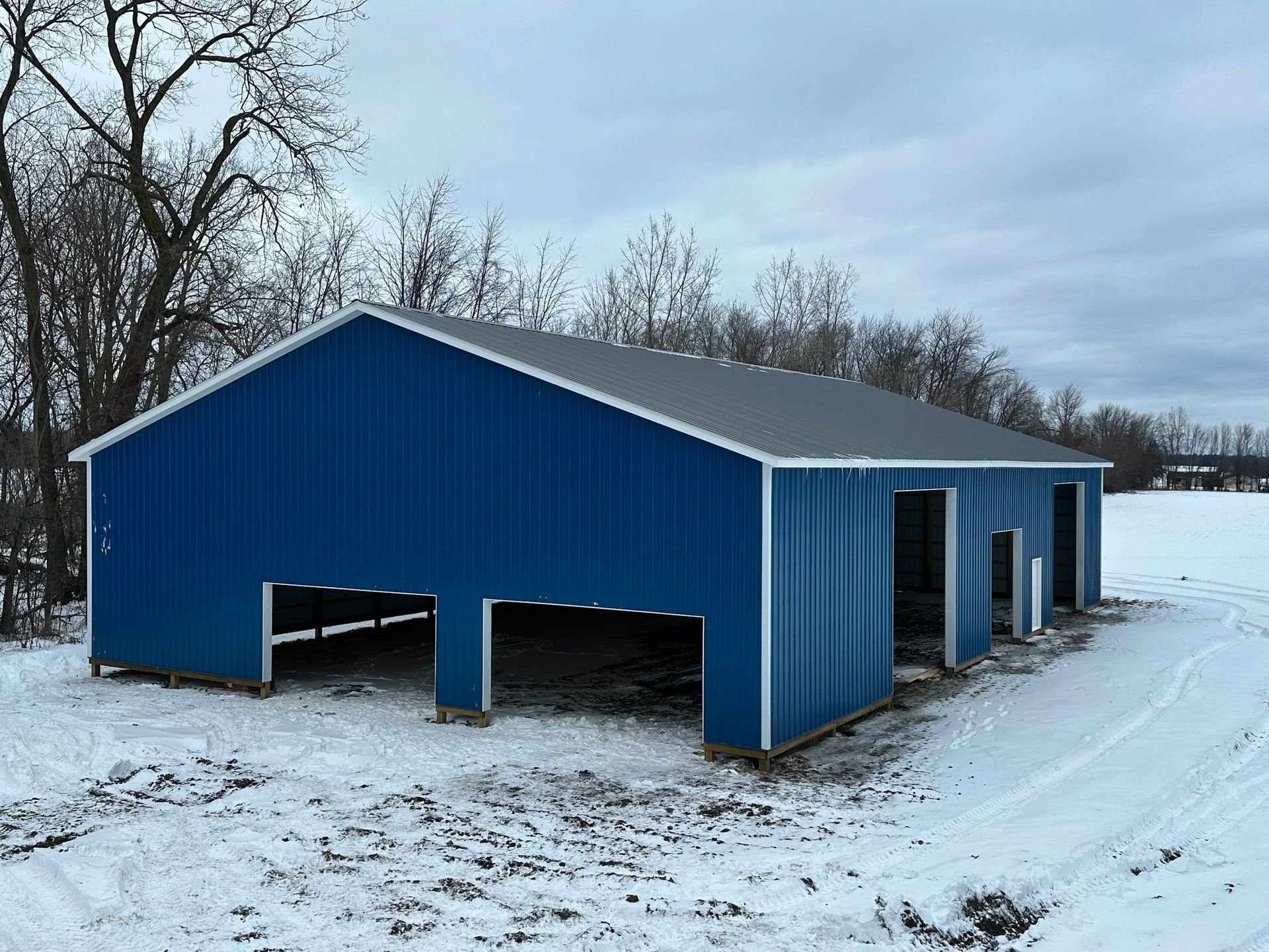 Blue barn-style shed in a snowy field with leafless trees and a plowed path