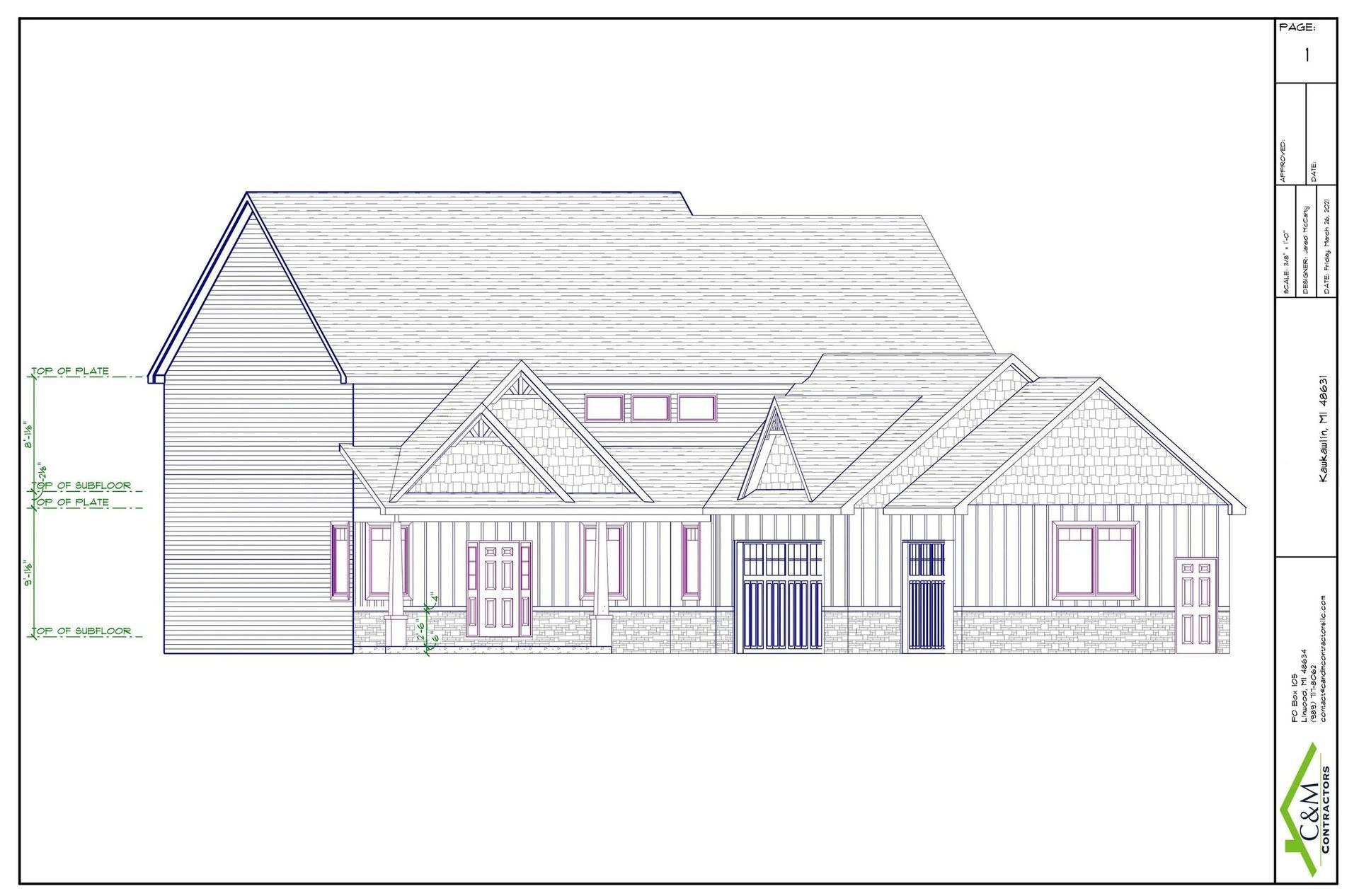 Architectural elevation drawing of a house with a gabled roof, front porch, and garage doors