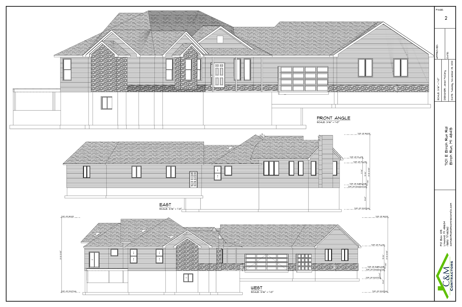 Architectural elevation drawing of a house exterior with roof and window details