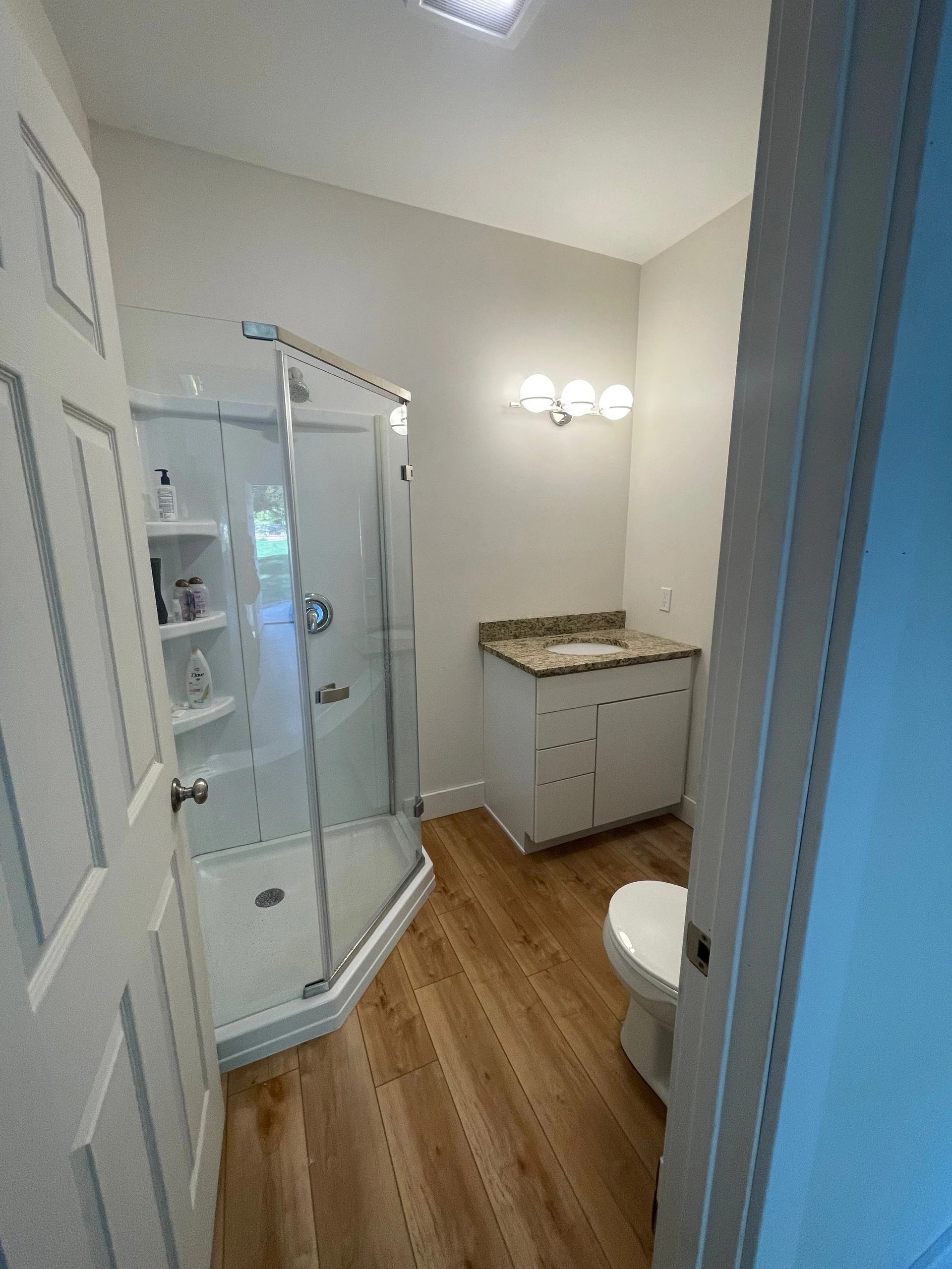 Small bathroom with glass shower, vanity, toilet, and wood-look flooring.