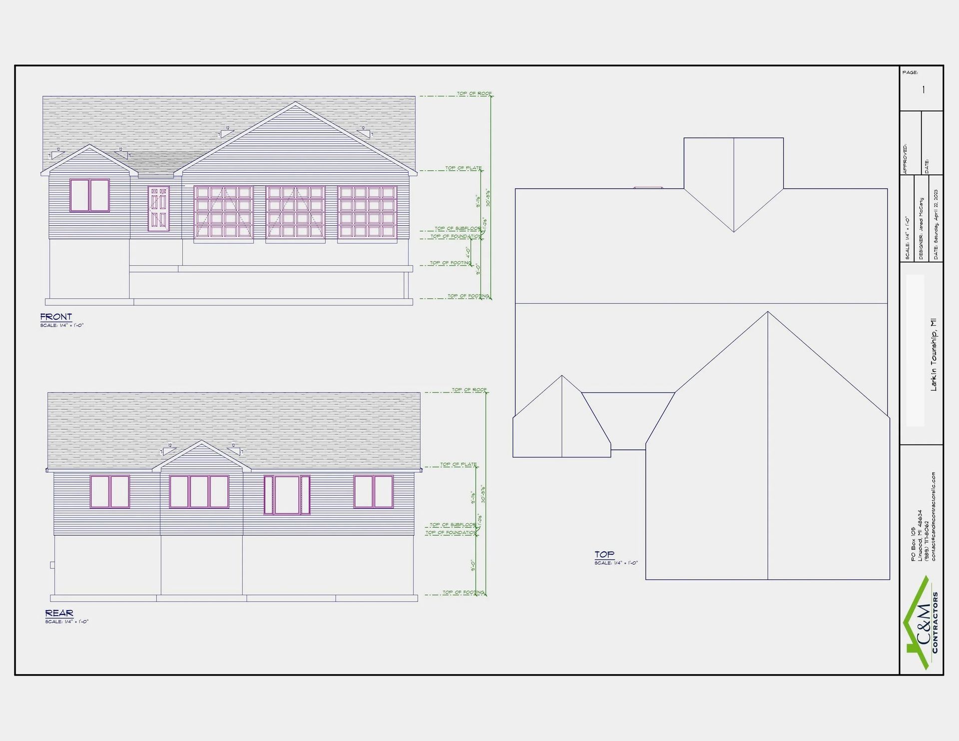 Technical drawing sheet with side elevation and roof profile diagrams, showing a building facade and dimensions