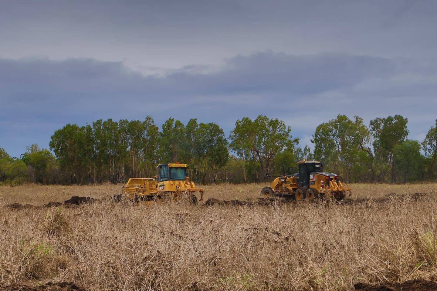 Two Yellow Tractors Are Working in a Field With Trees in the Background — Advanced Civil Earthworks In Koah, QLD