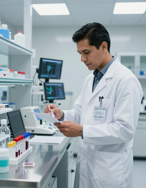 Médico latino revisando resultados en laboratorio