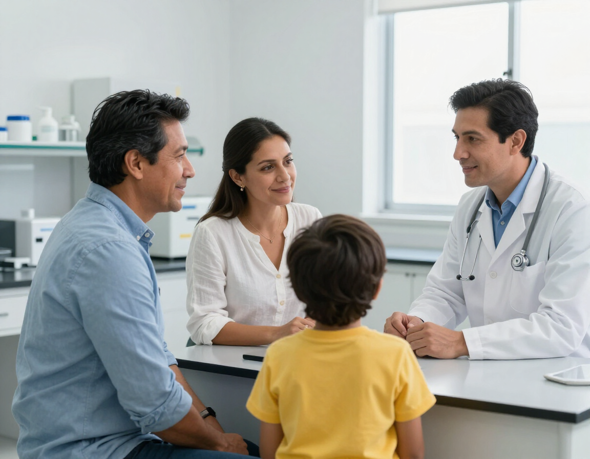 Familia latina en laboratorio cl&iacute;nico