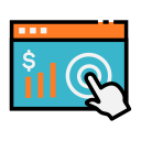 Hand cursor clicking a target on a blue analytics dashboard with orange bars and a dollar sign