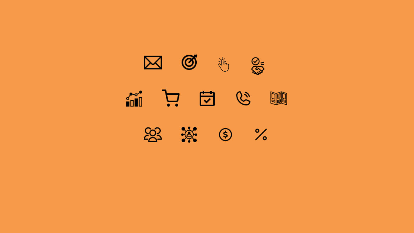 Marketing Pulse black interface icons centered on an orange background, including email, shopping cart, users, and settings symbols