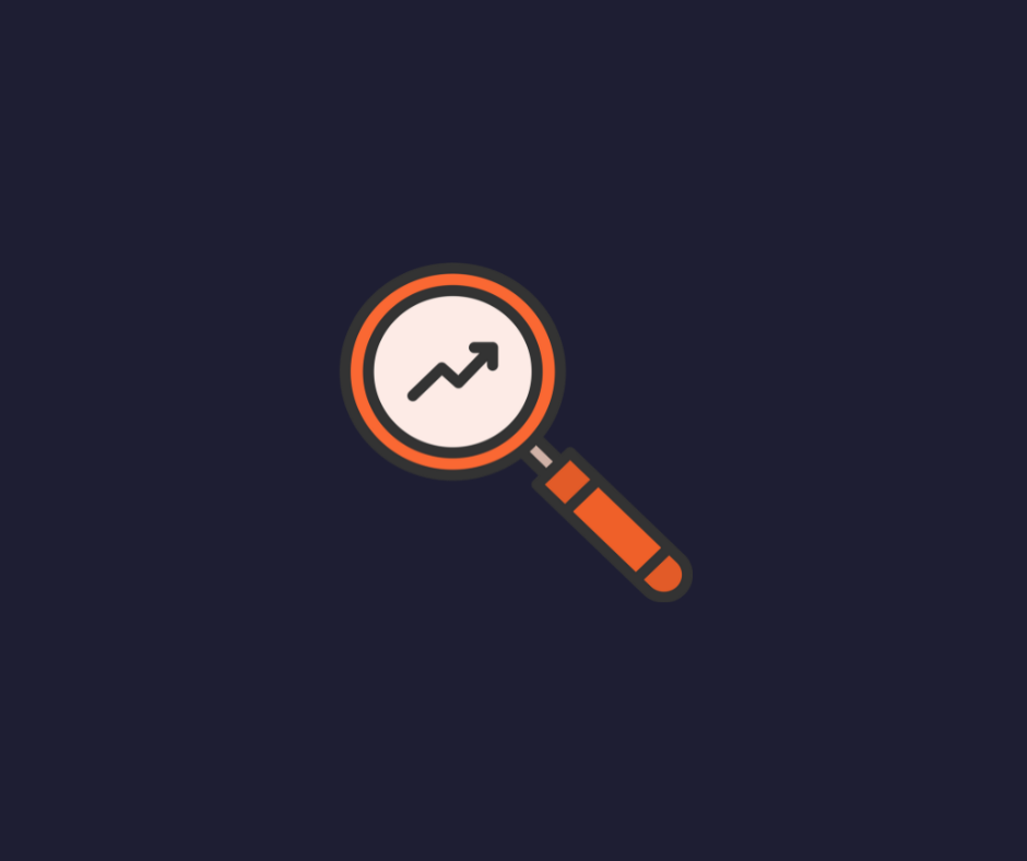 Orange magnifying glass with a rising chart icon on a dark background