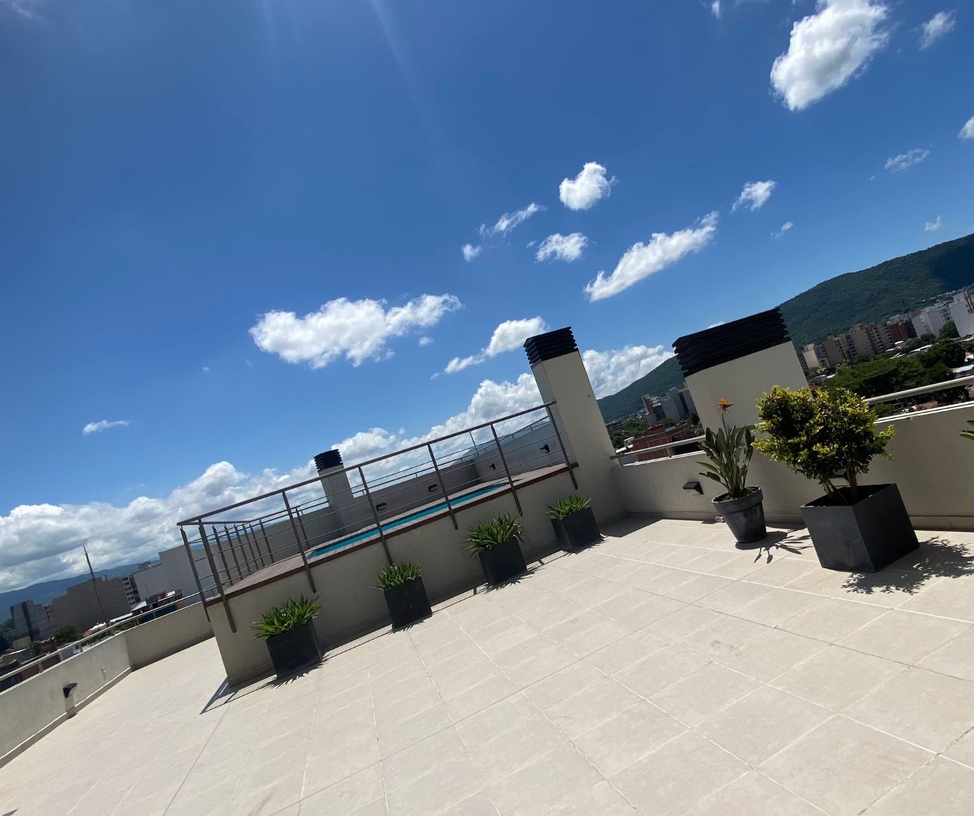A rooftop with potted plants and a swimming pool