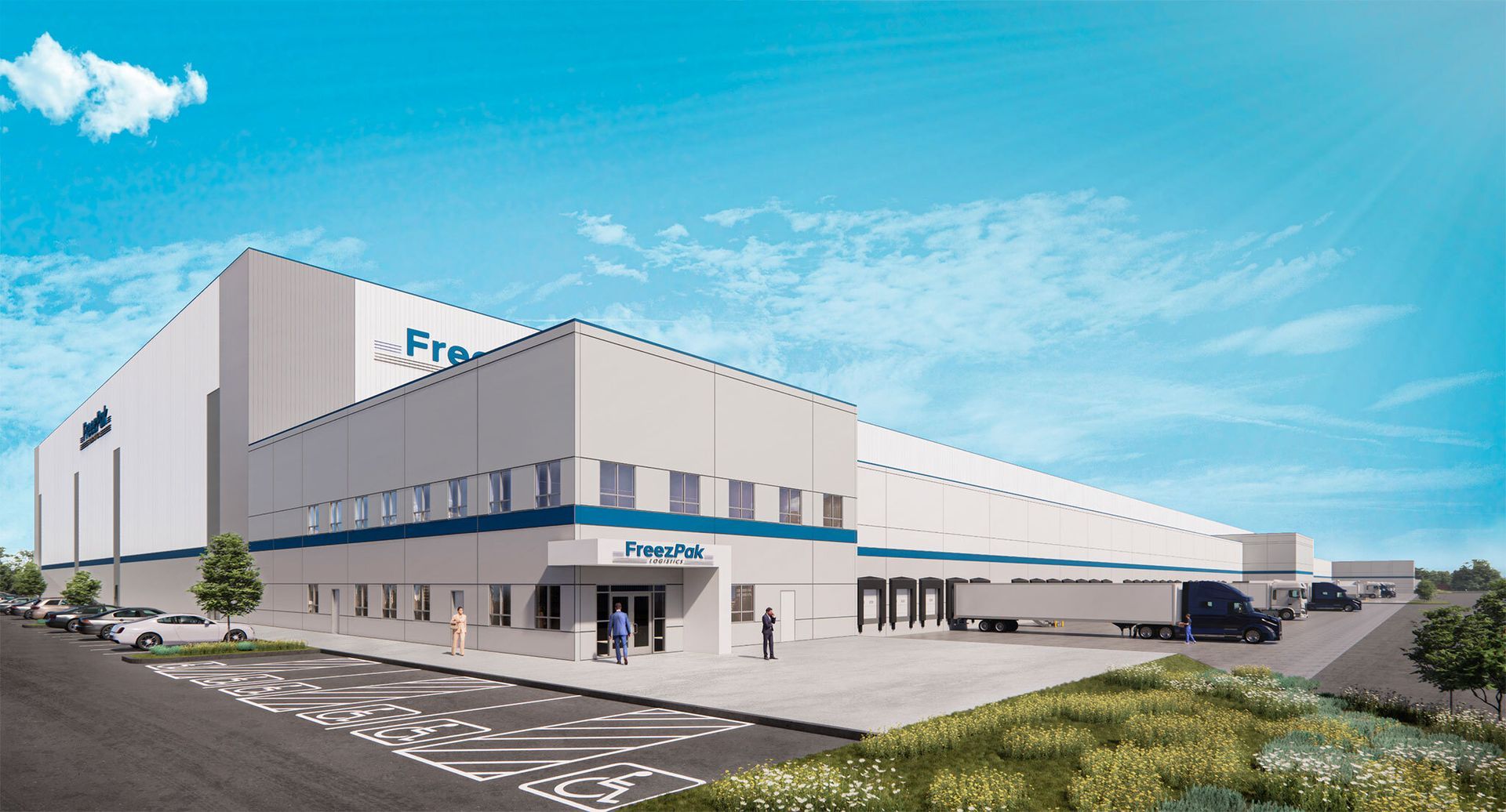 An artist 's impression of a large warehouse with trucks parked in front of it.