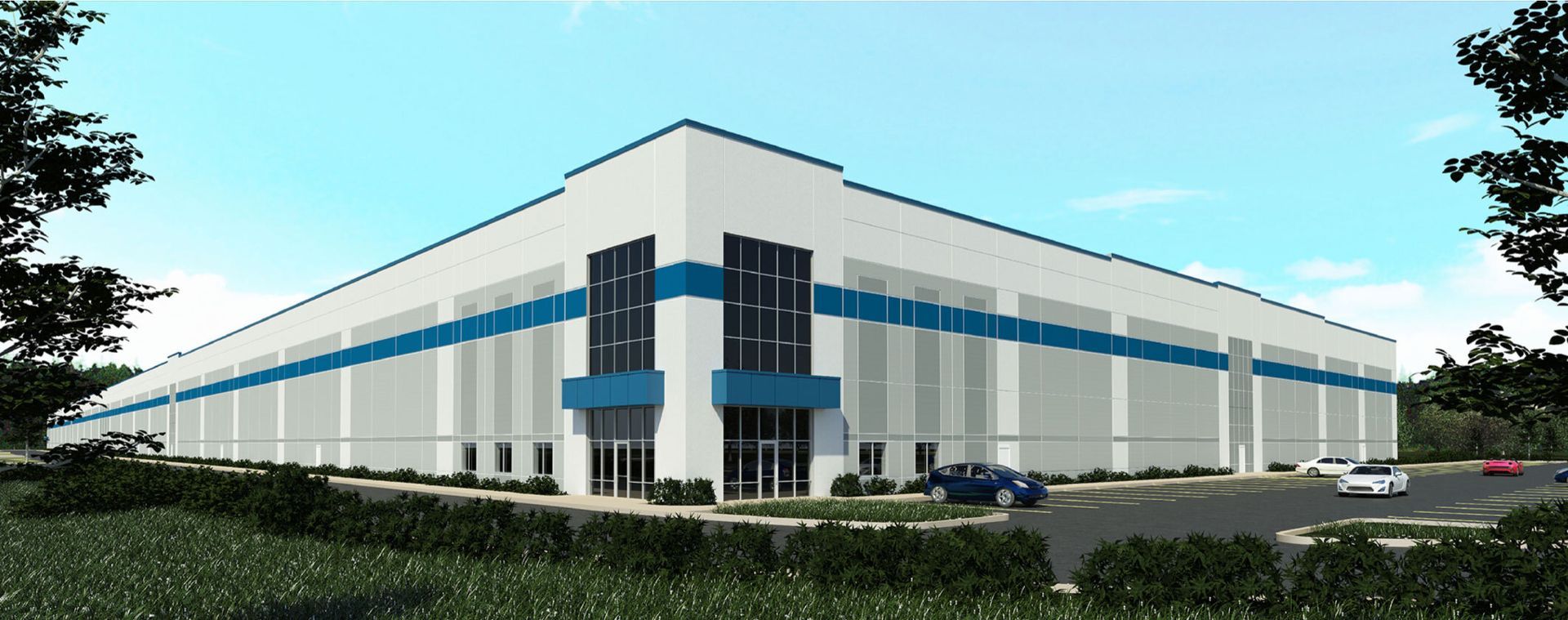 An artist 's impression of a large white building with blue stripes