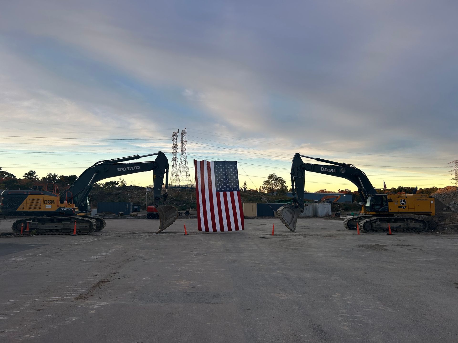 American Flag and Excavator