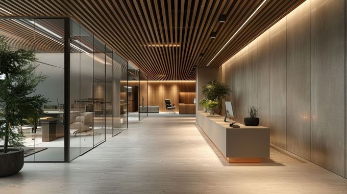 Hall d'entrée moderne avec plafond à lattes de bois, comptoir d'accueil élégant, sol en pierre et espaces de réunion vitrés.
