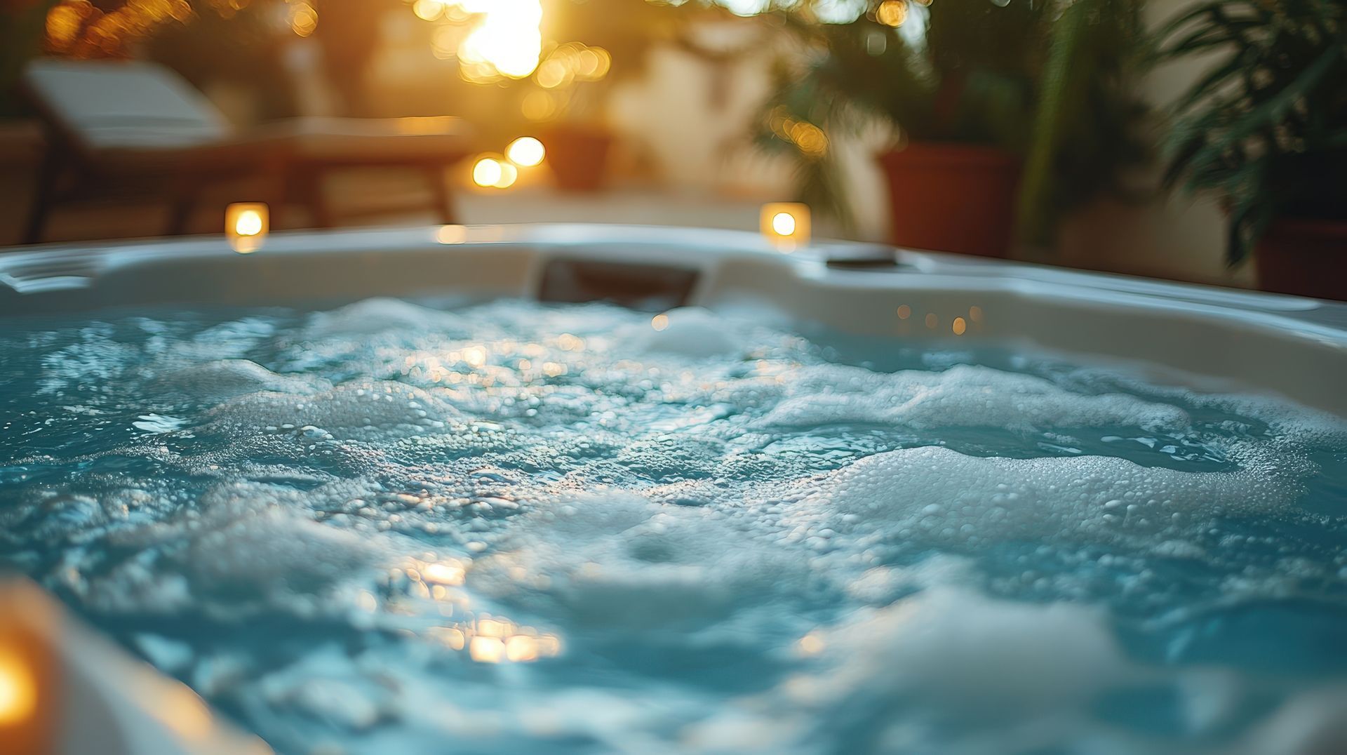 Gros plan sur l'eau turquoise bouillonnante d'un jacuzzi au coucher du soleil, avec une douce lumière ambiante et des plantes en arrière-plan.